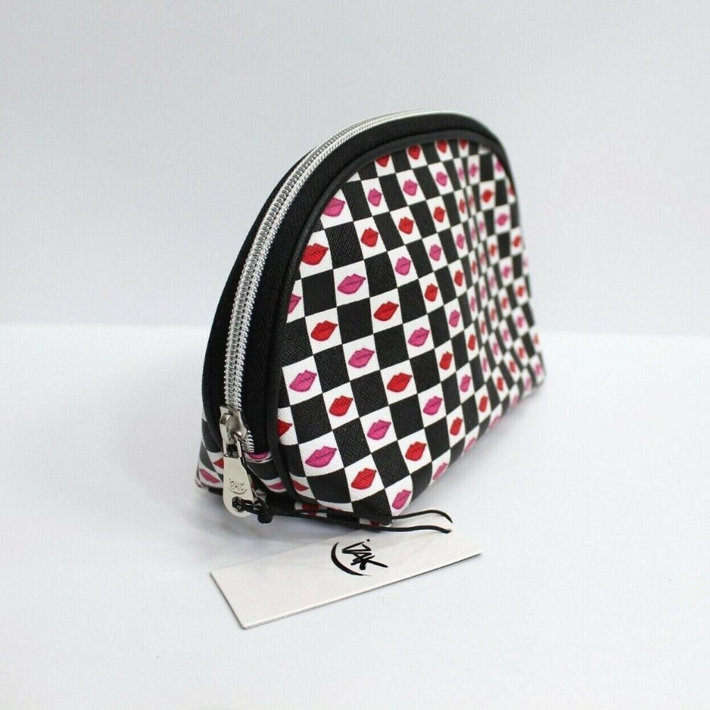 Izak Zenou Lip Prints Checkered Makeup Cosmetic Zip Case Bag